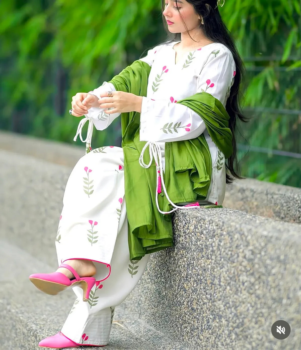 Gulbahar White Floral Patiala Suit Set with Olive Green Dupatta