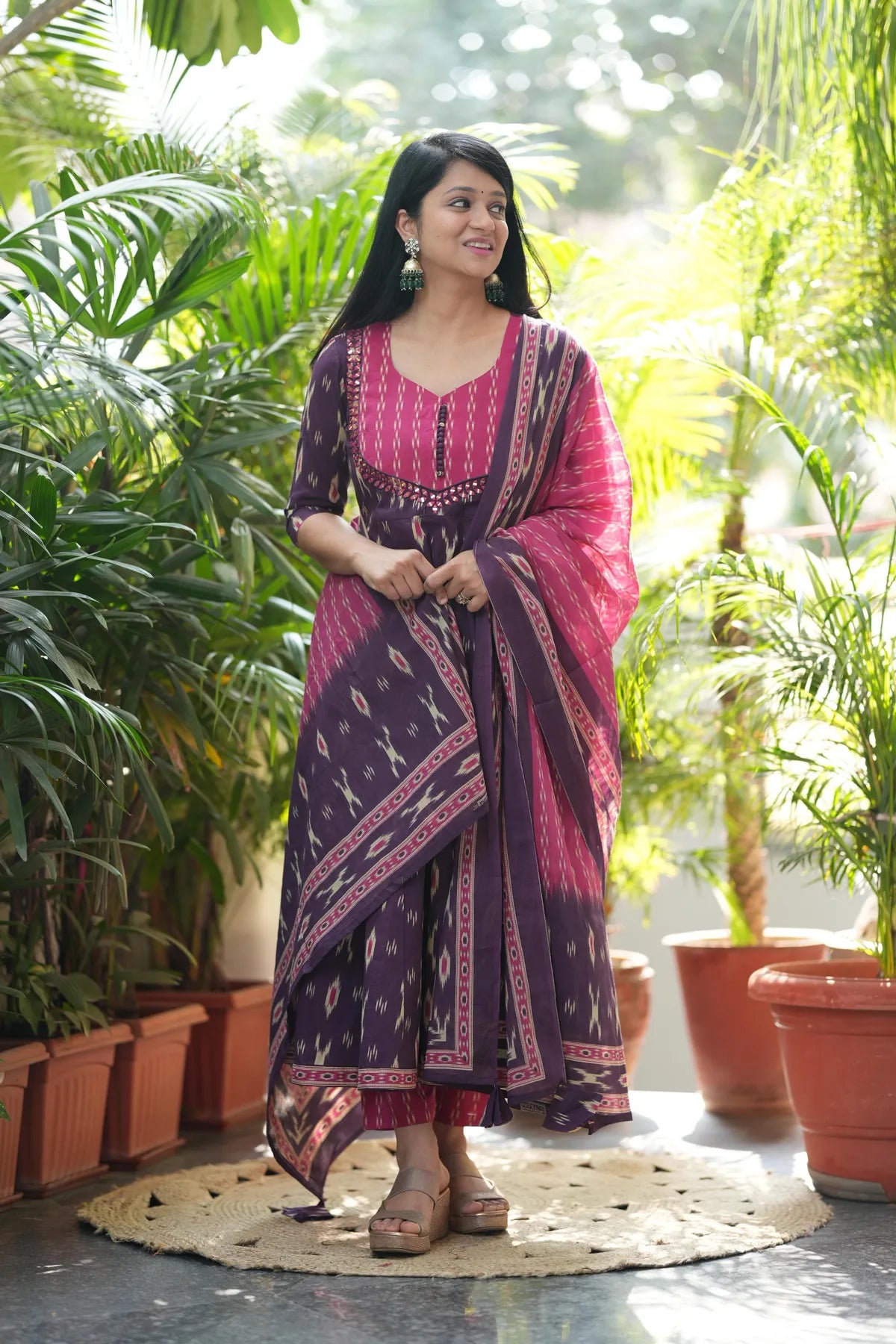 Pink And Purple Cotton Kurta Set With Dupatta For Women