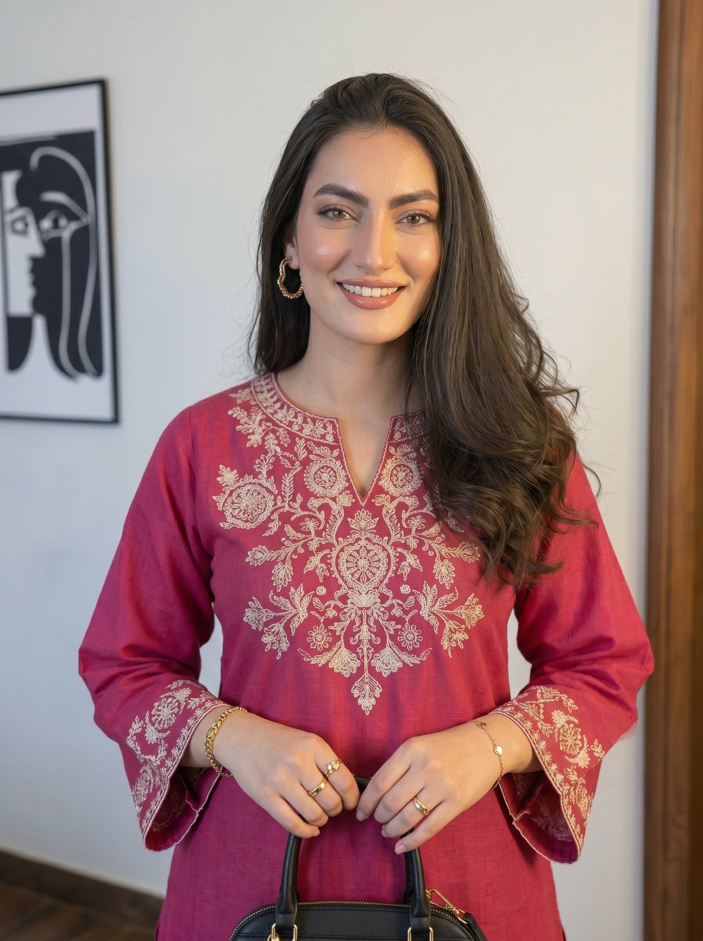 Embroidery Pink Cotton Kurta Set with Palazzo Pants