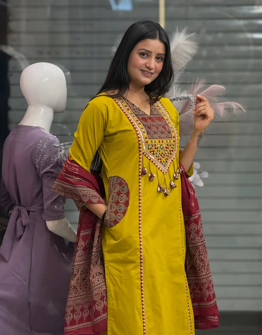 Yellow Cotton Ajrakh Patch Work Kurta set